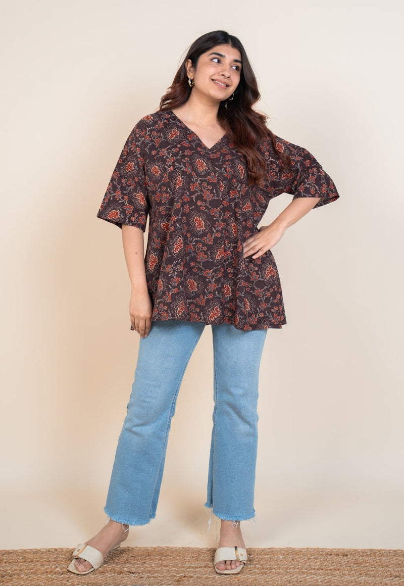 Anshika Red Ajrakh Cotton Anti-Fit Short Top