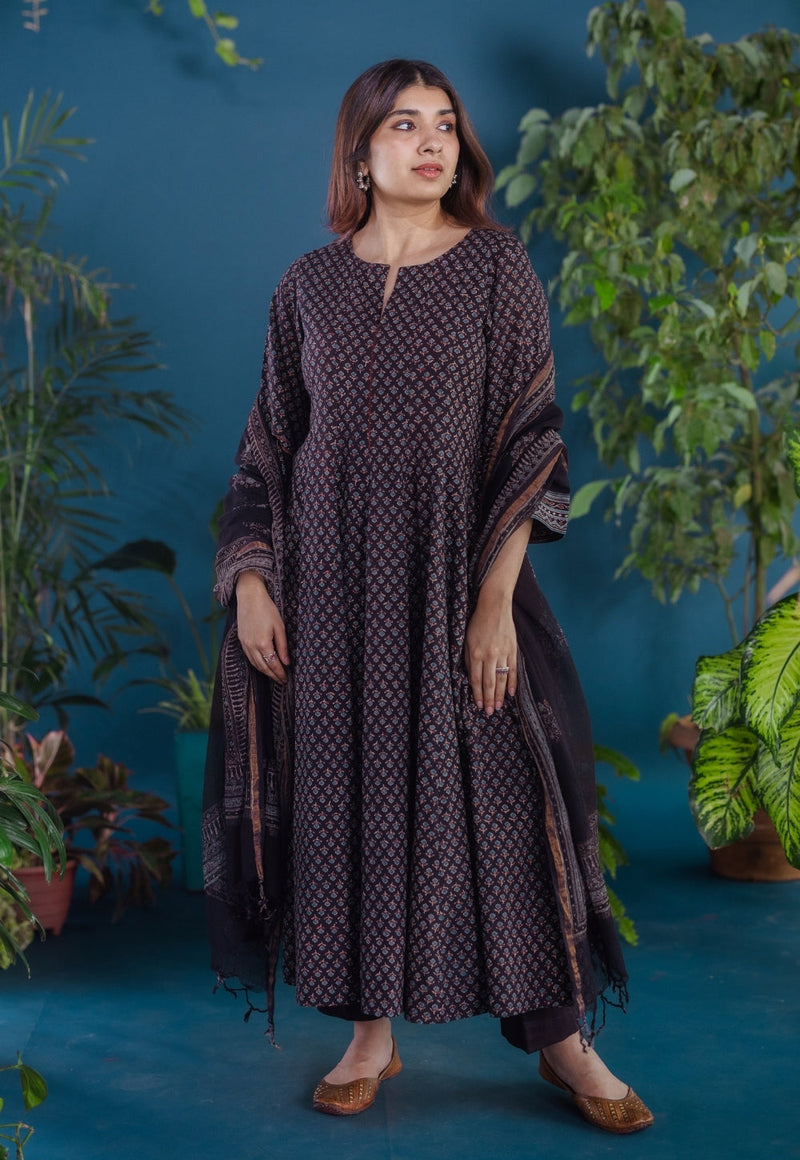 Meyara Black Ajrakh Cotton Kali Kurta with Hand Embroidery