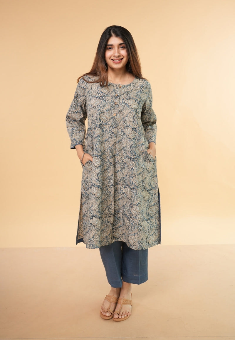 Daniya Blue Kalamkari Cotton Straight Kurta