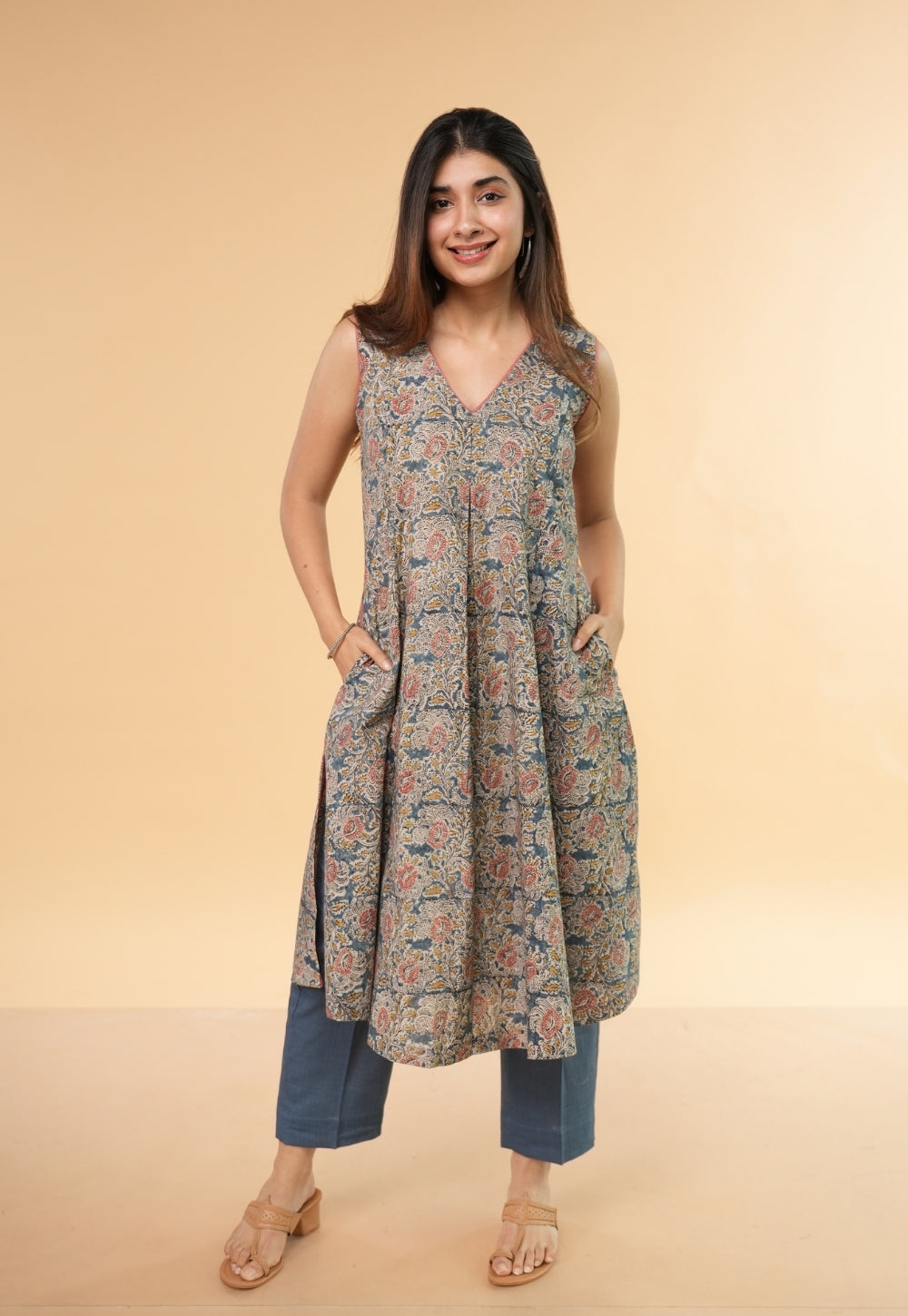 Prita Blue Solid Slub Cotton Narrow Pant