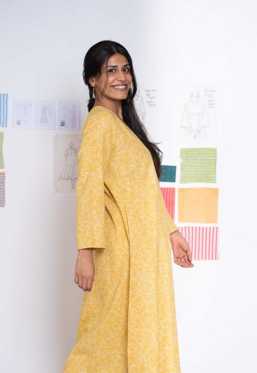 Aarti Mustard Hand Block Print Slub Cotton A Line Kurta with Hand Embroidery