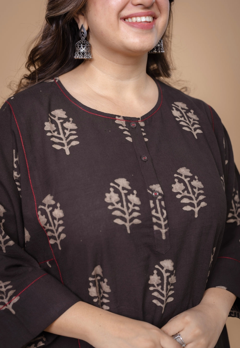 Disha Brown Dabu Slub Cotton Jhabbha Kali Kurta