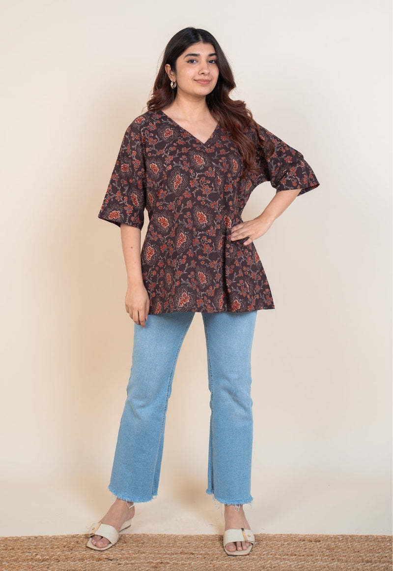 Anshika Red Ajrakh Cotton Anti-Fit Short Top