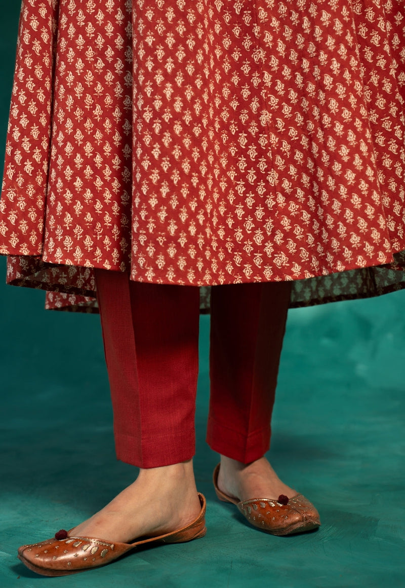 Prita Red Solid Slub Cotton Narrow Pant