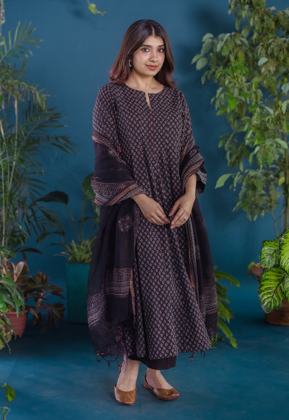 Meyara Black Ajrakh Cotton Kali Kurta with Hand Embroidery