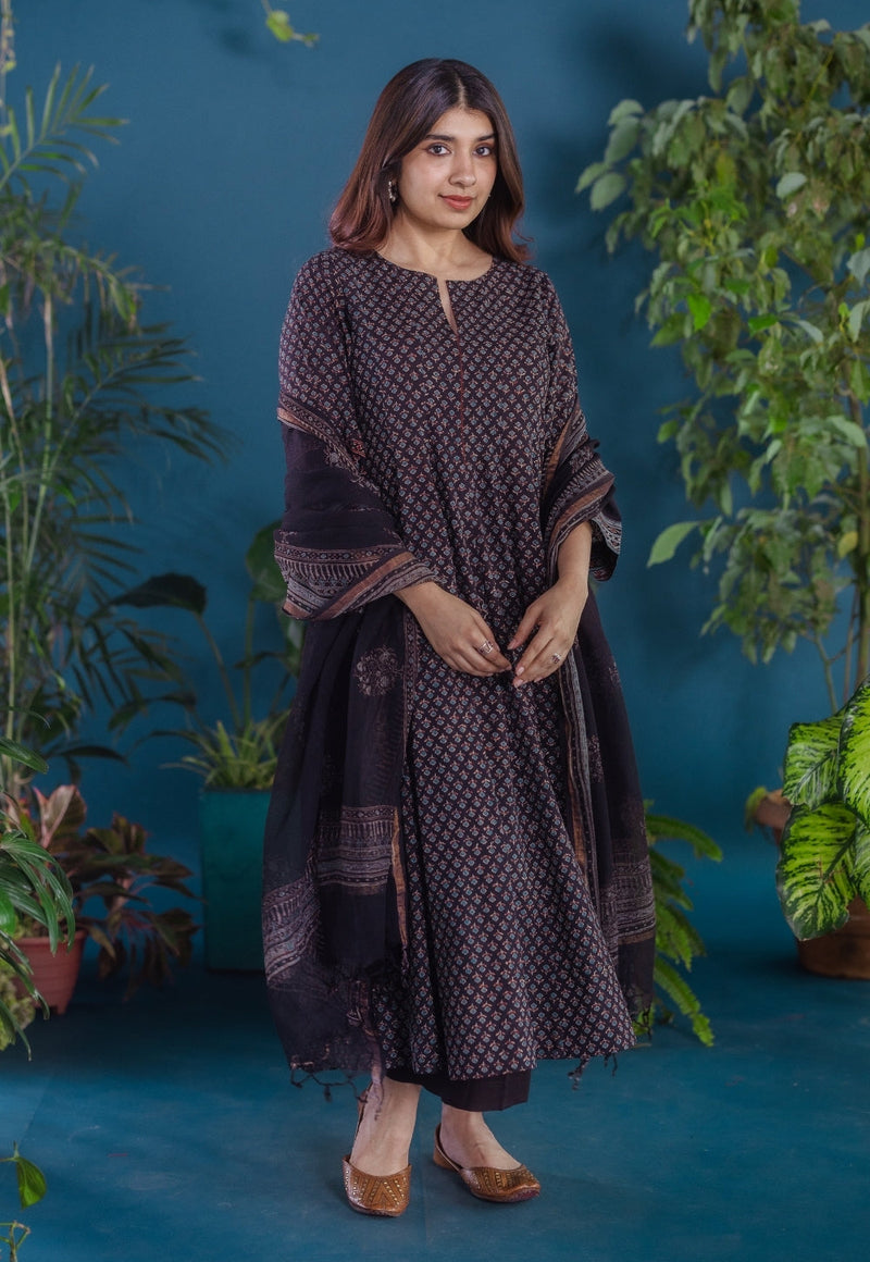 Meyara Black Ajrakh Cotton Kali Kurta with Hand Embroidery