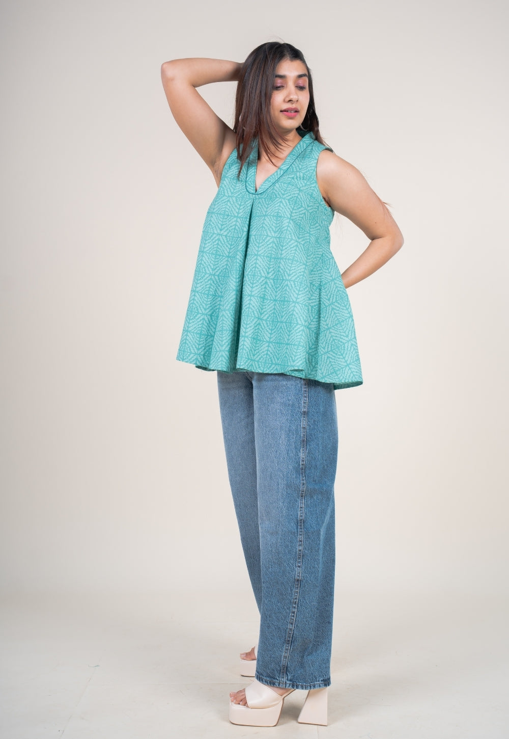 Zivya Aqua Green Printed Cotton A Line Short Top