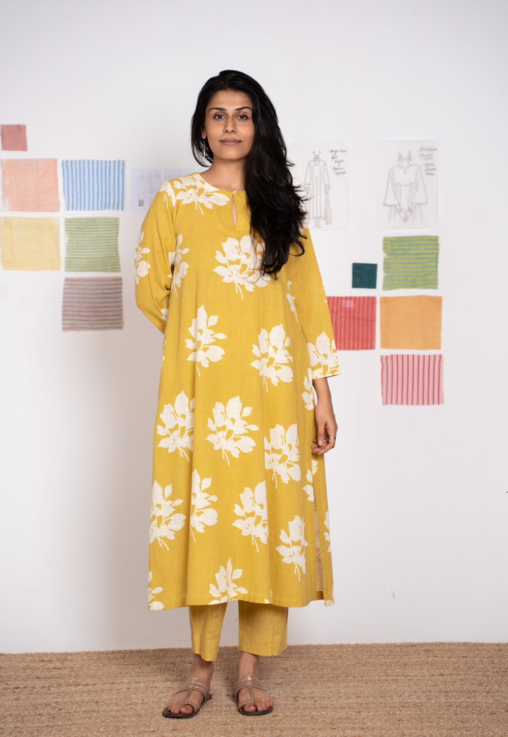 Zoohi Yellow Dabu Slub Cotton A Line Kurta