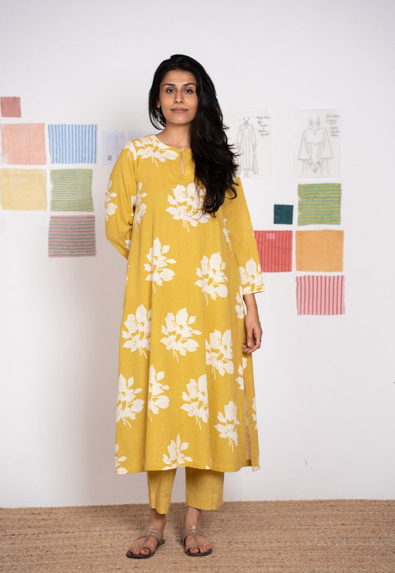 Zoohi Yellow Dabu Slub Cotton A Line Kurta