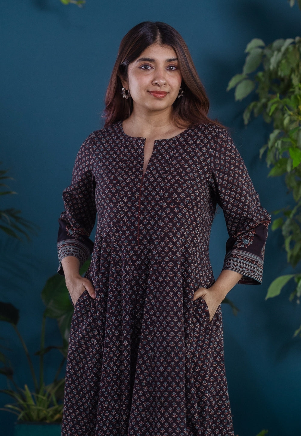 Meyara Black Ajrakh Cotton Kali Kurta with Hand Embroidery