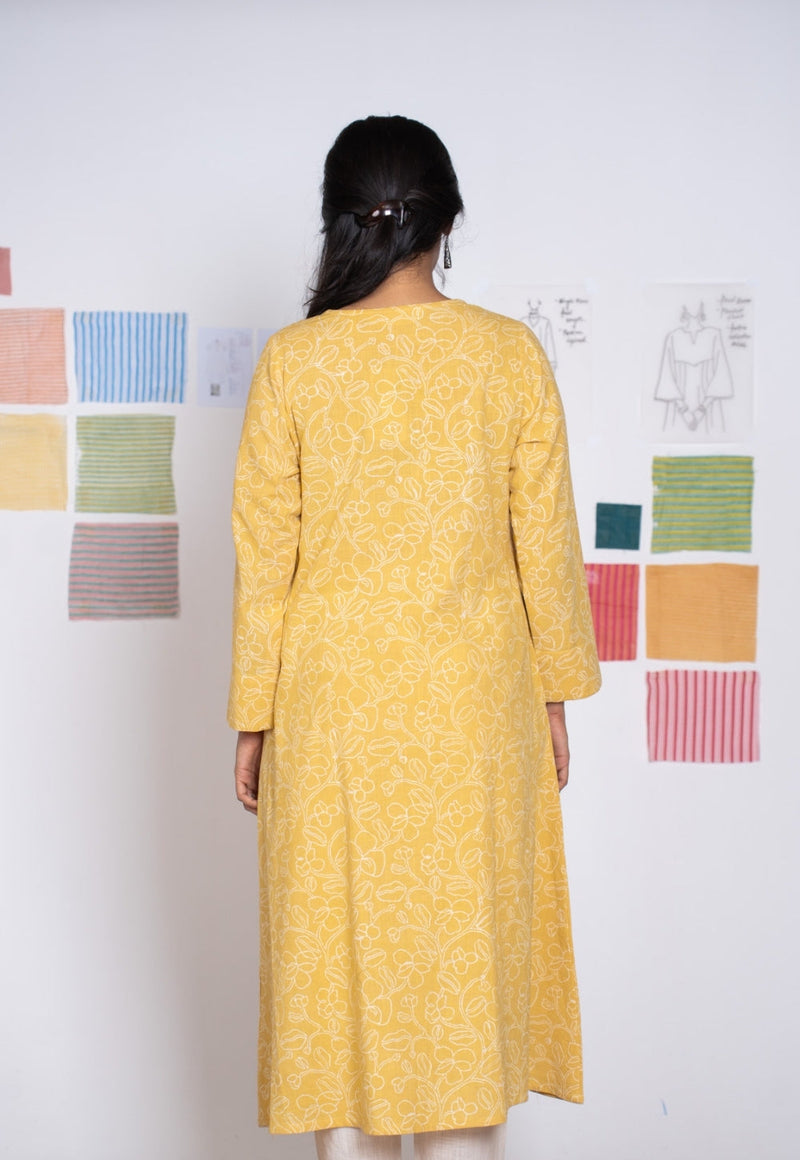 Aarti Mustard Hand Block Print Slub Cotton A Line Kurta with Hand Embroidery