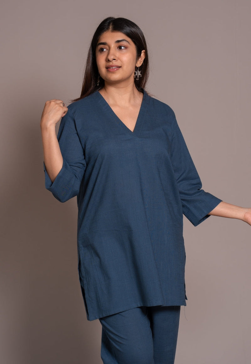 Indigo Solid Slub Cotton Straight Short Top - DyeVerse