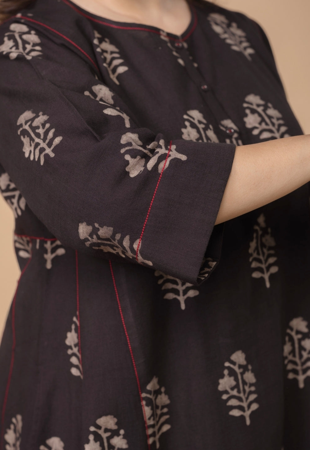 Disha Brown Dabu Slub Cotton Jhabbha Kali Kurta