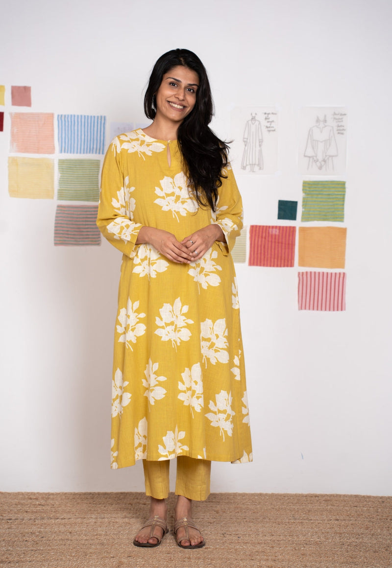 Zoohi Yellow Dabu Slub Cotton A Line Kurta