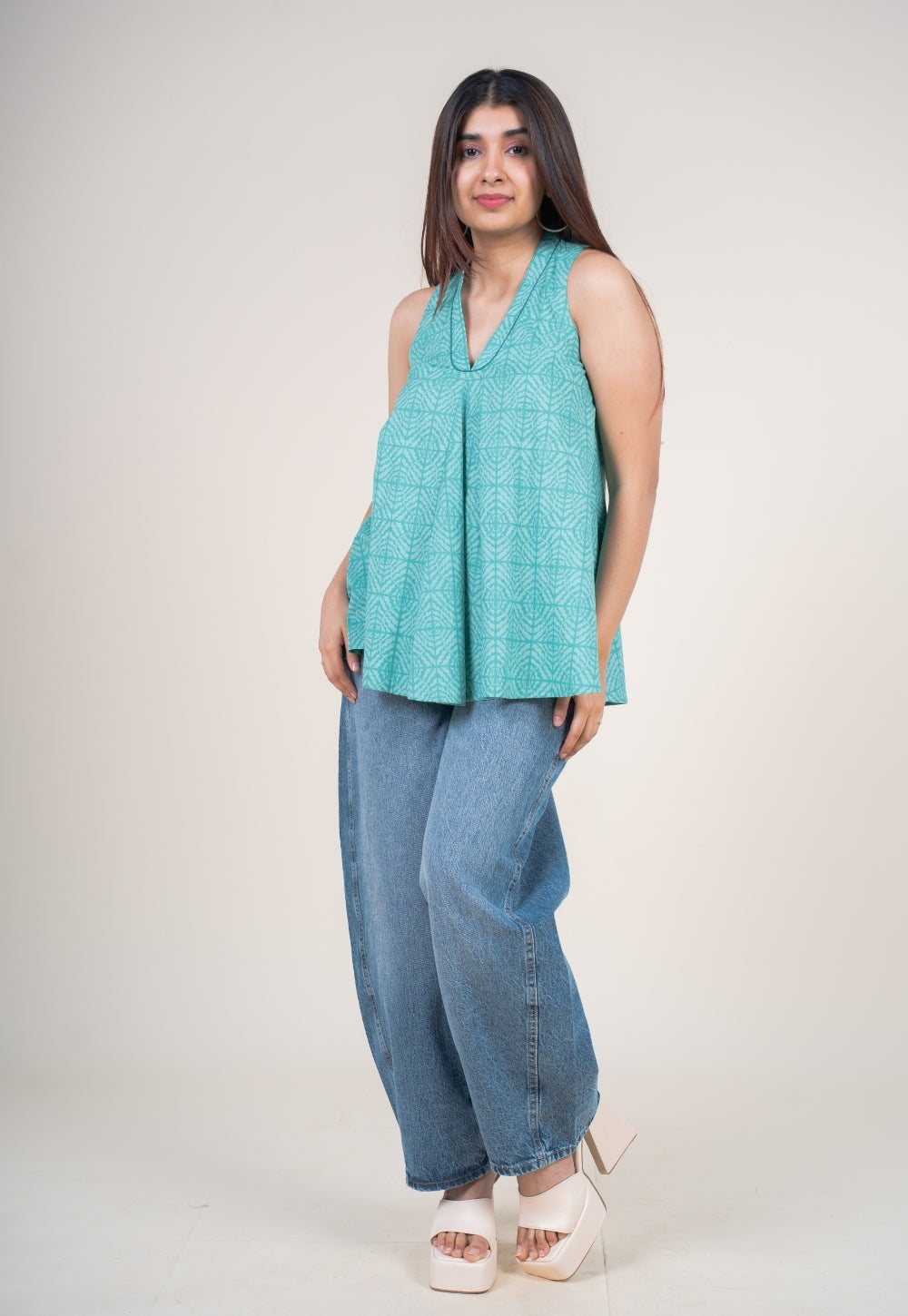 Zivya Aqua Green Printed Cotton A Line Short Top