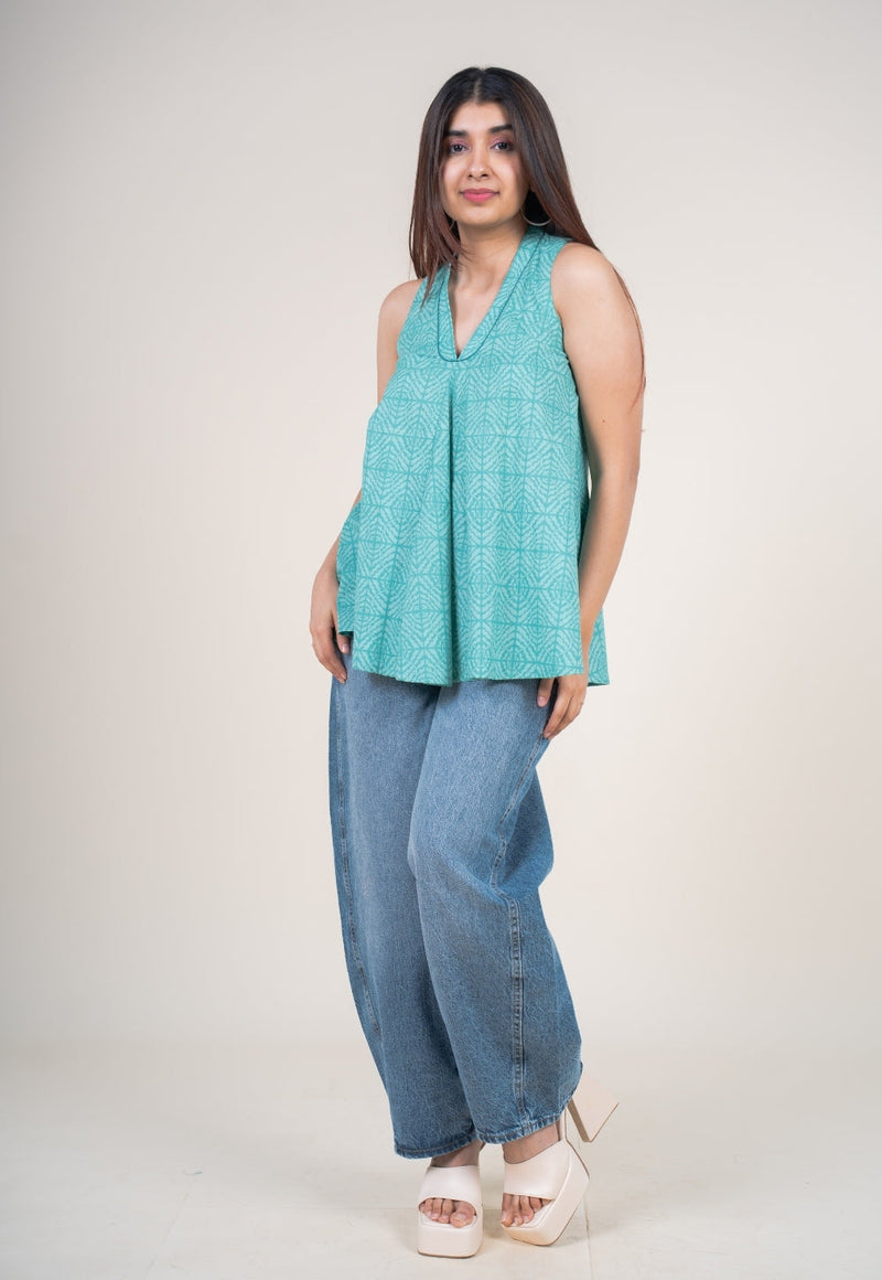 Zivya Aqua Green Printed Cotton A Line Short Top