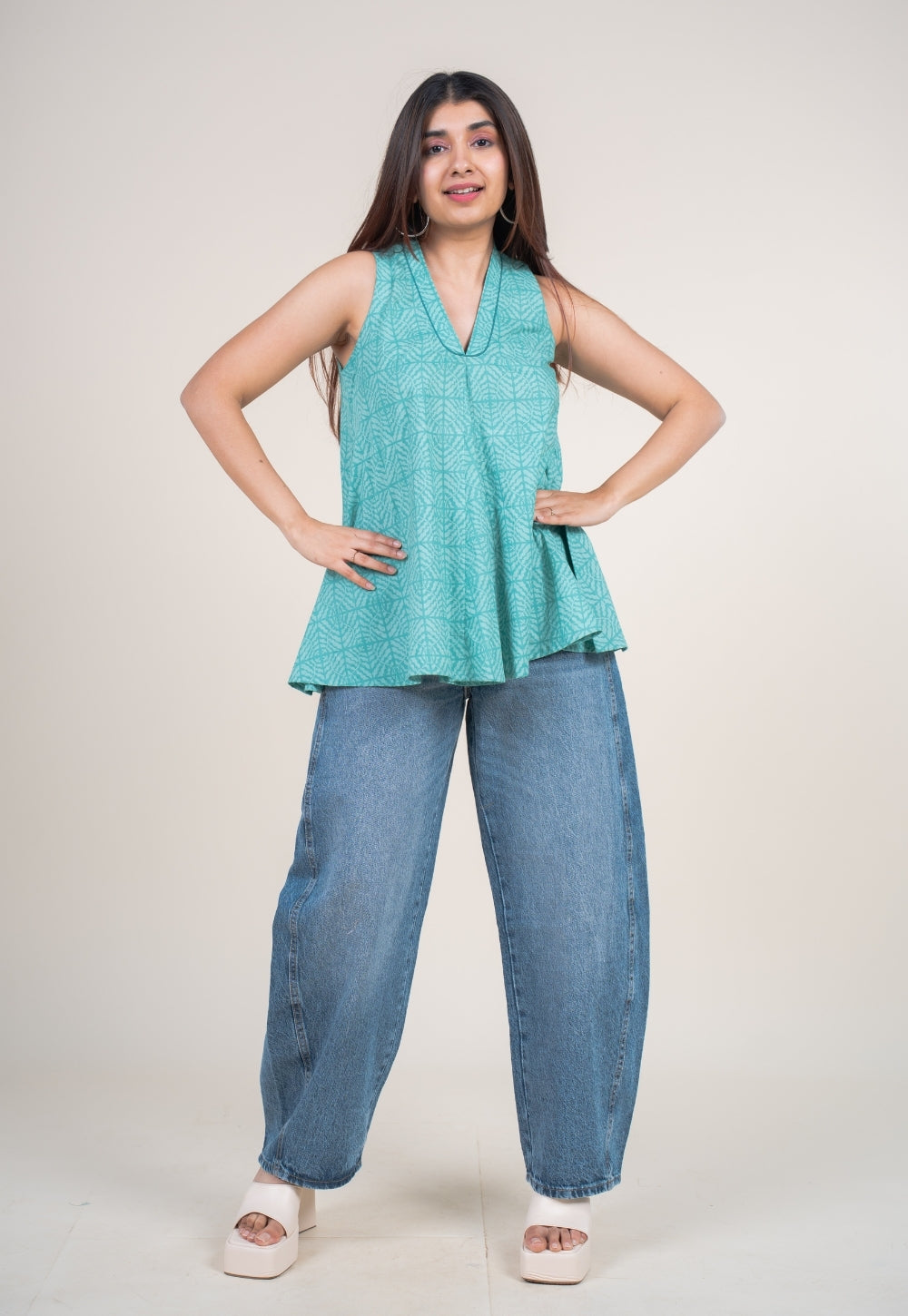 Zivya Aqua Green Printed Cotton A Line Short Top