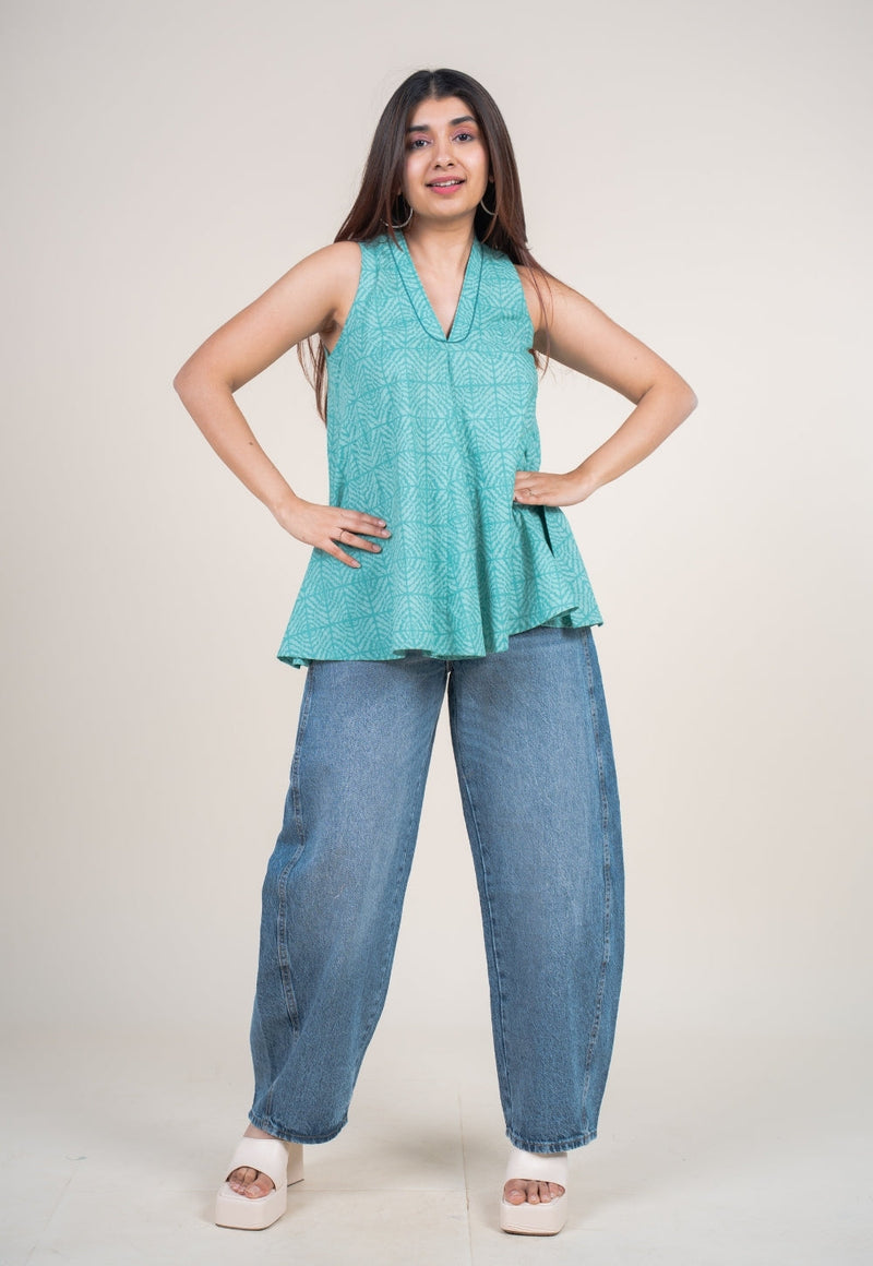 Zivya Aqua Green Printed Cotton A Line Short Top