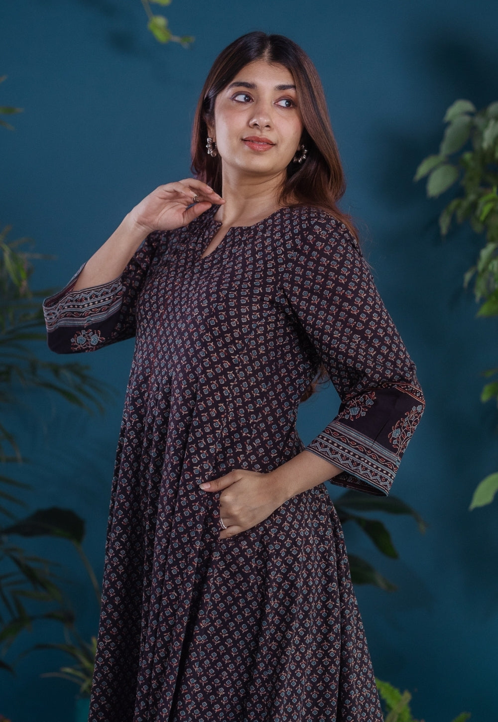 Meyara Black Ajrakh Cotton Kali Kurta with Hand Embroidery