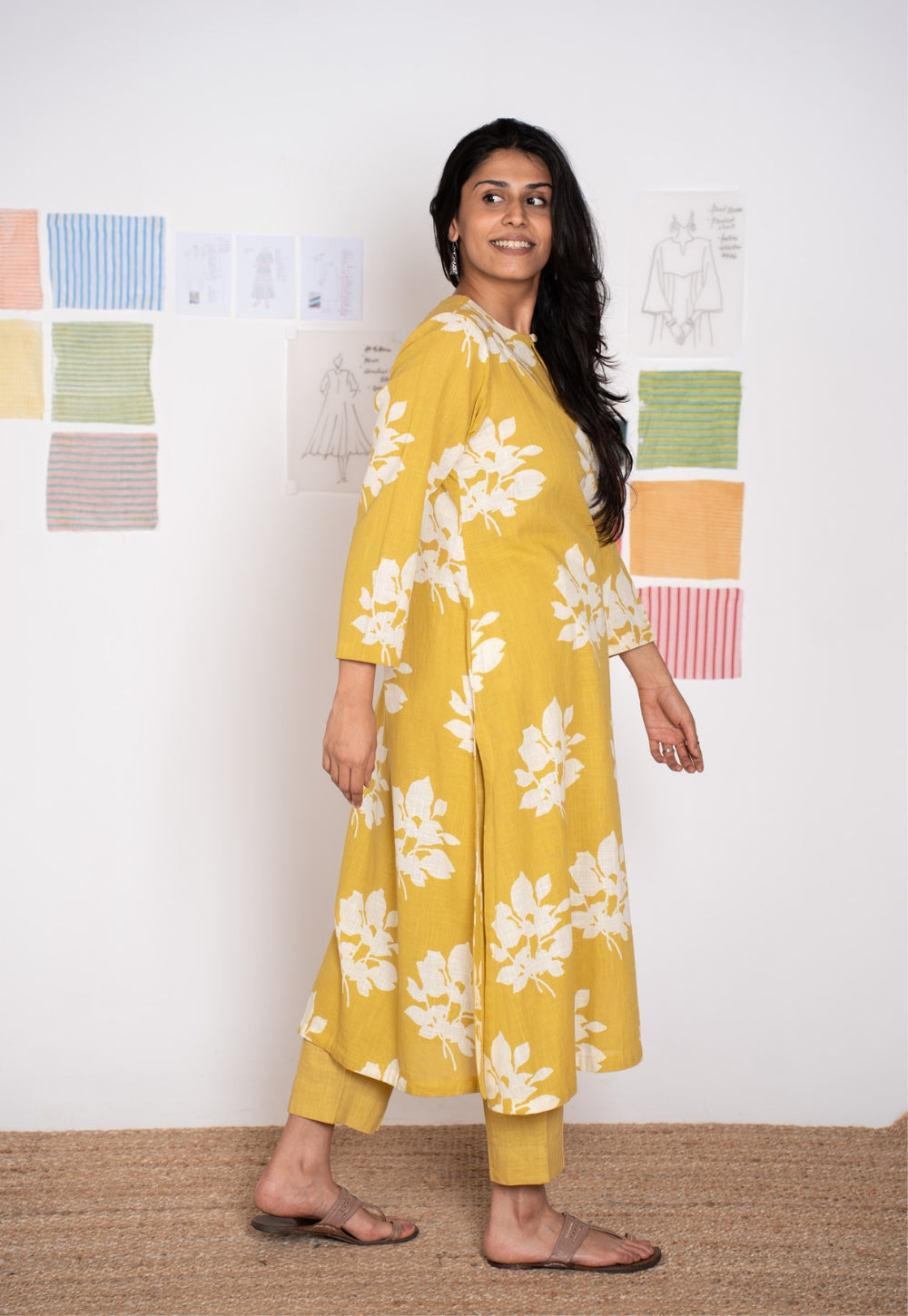 Zoohi Yellow Dabu Slub Cotton A Line Kurta