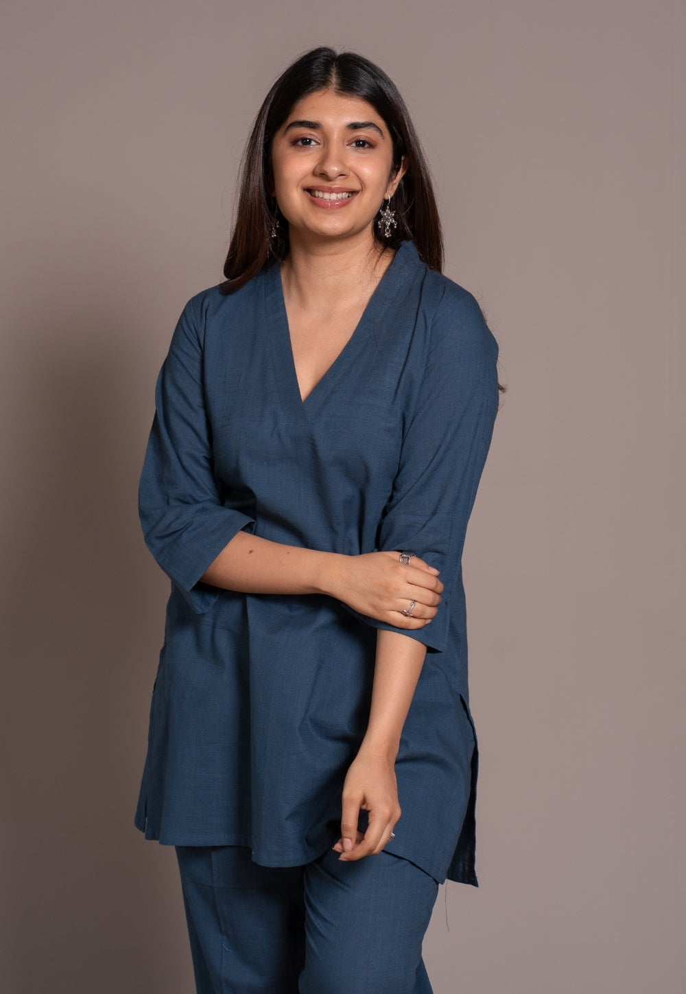 Indigo Solid Slub Cotton Straight Short Top - DyeVerse