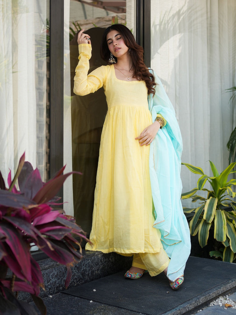 Sunlit Blossom Yellow Mul Cotton Anarkali Set with Powder Blue Dupatta