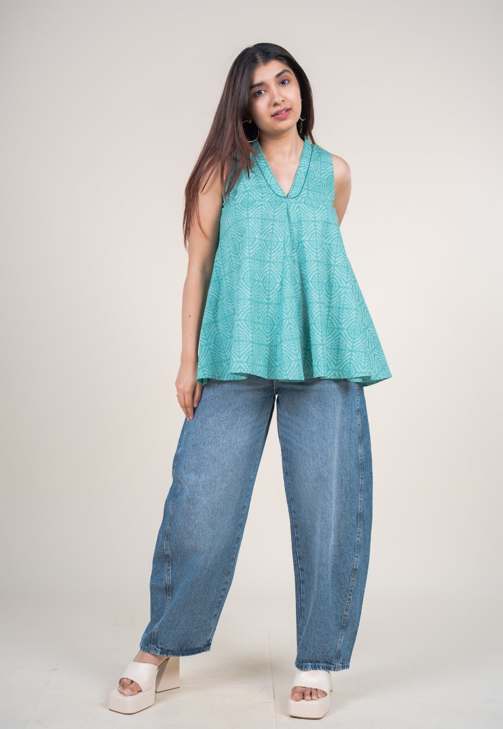 Zivya Aqua Green Printed Cotton A Line Short Top