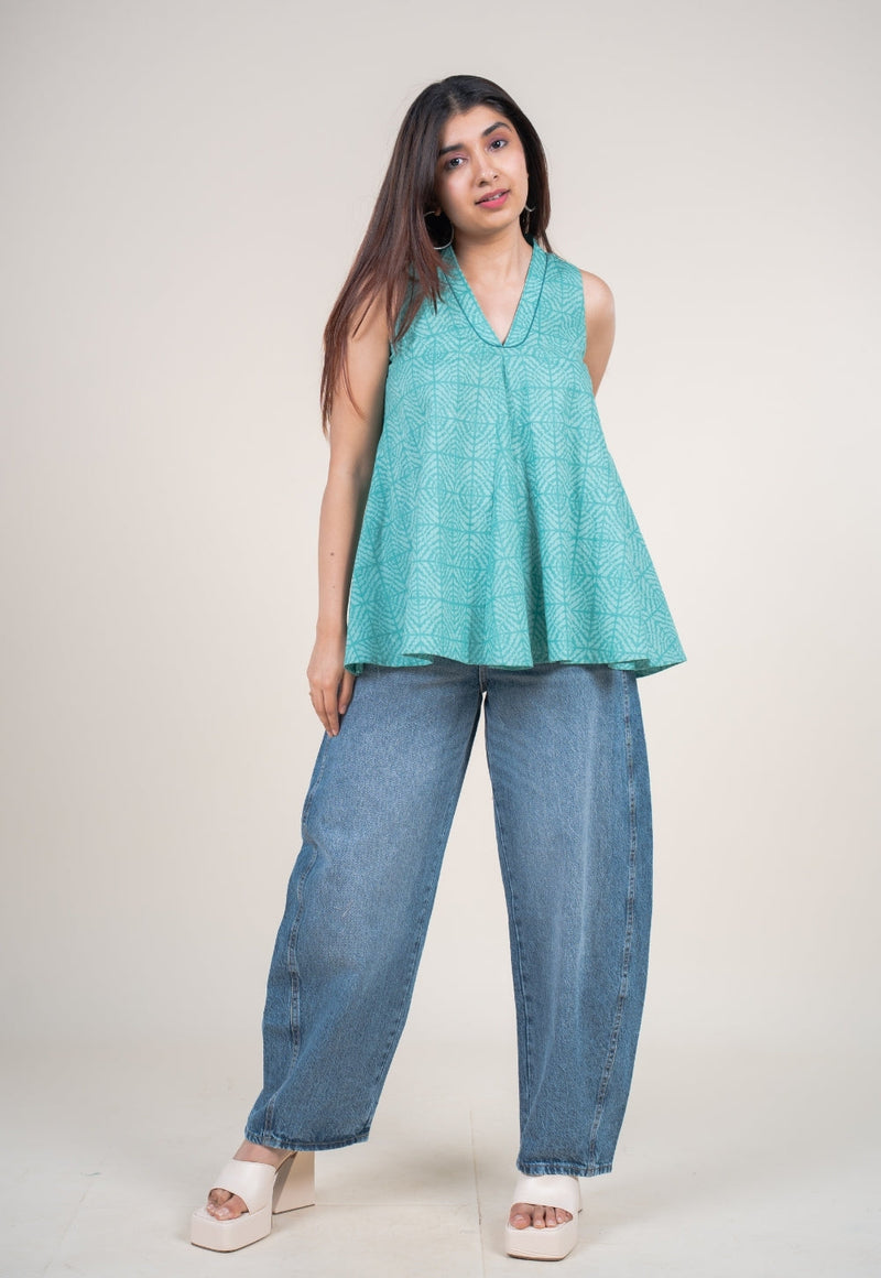 Zivya Aqua Green Printed Cotton A Line Short Top