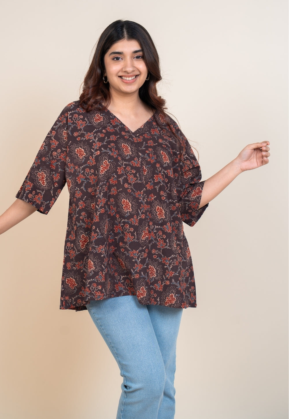 Anshika Red Ajrakh Cotton Anti-Fit Short Top
