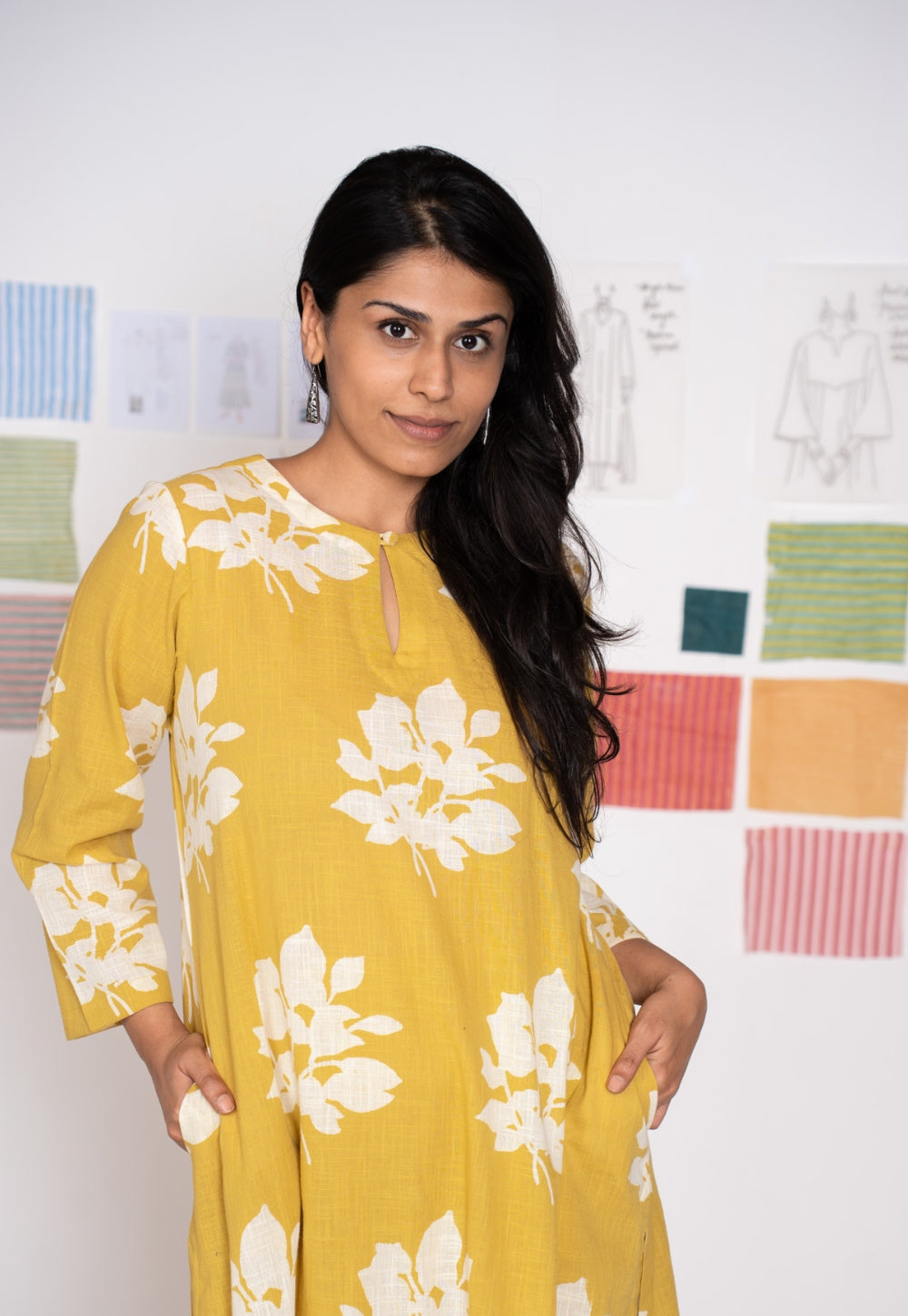 Zoohi Yellow Dabu Slub Cotton A Line Kurta
