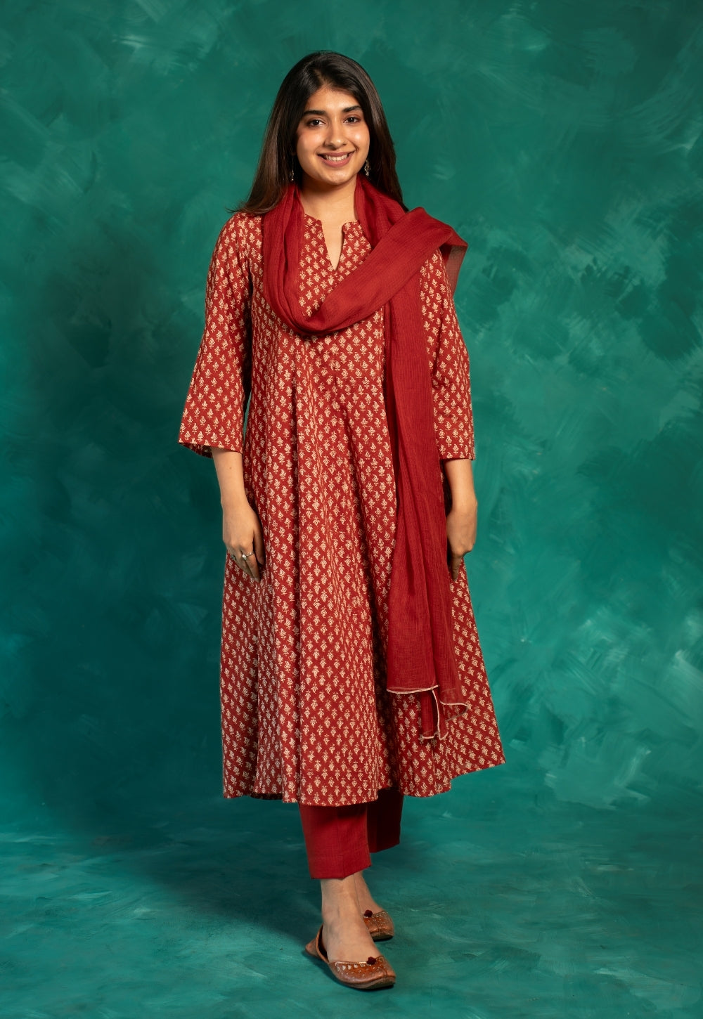 Viha Red Bagru Cotton Kali Kurta