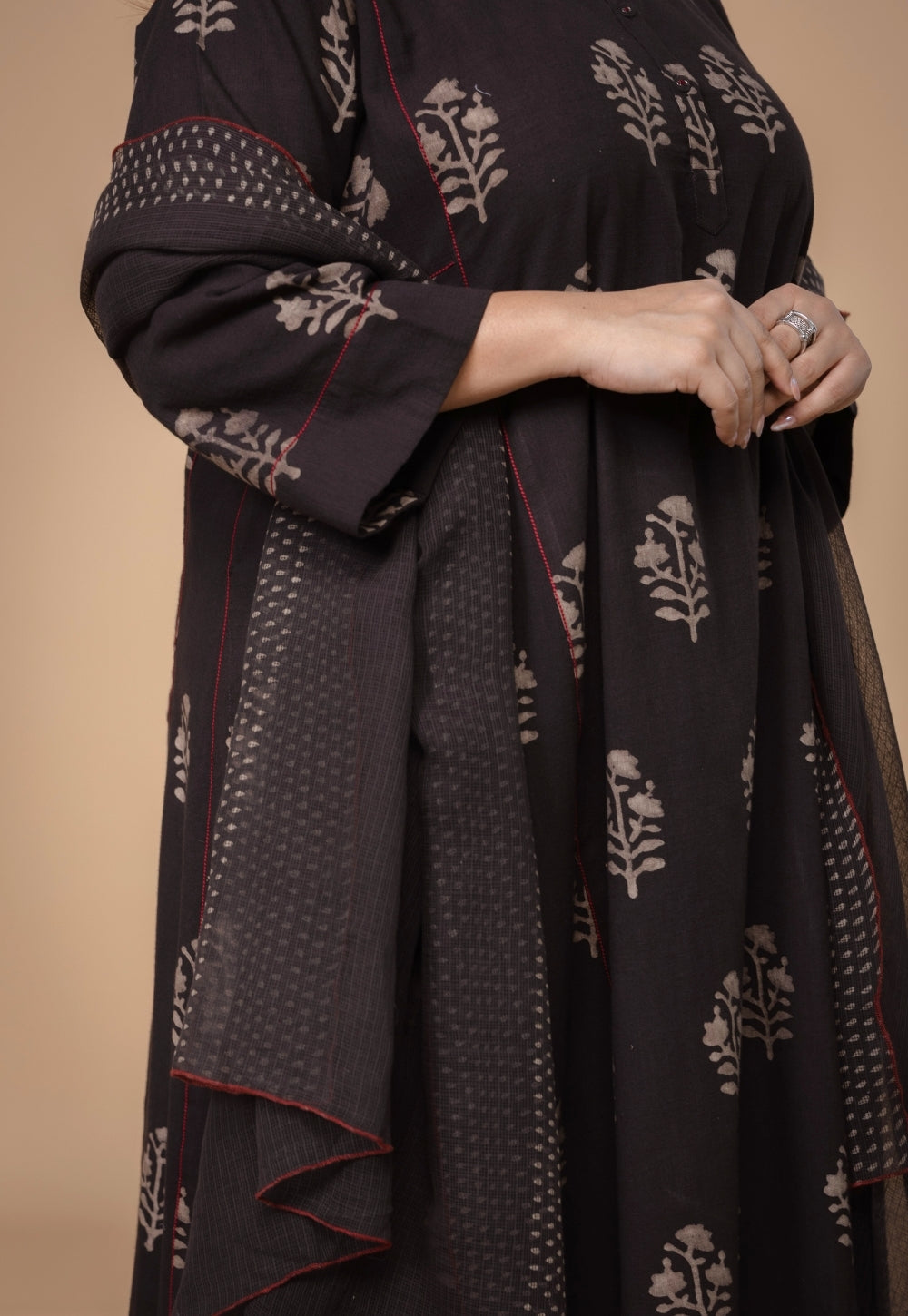 Disha Brown Dabu Slub Cotton Jhabbha Kali Kurta