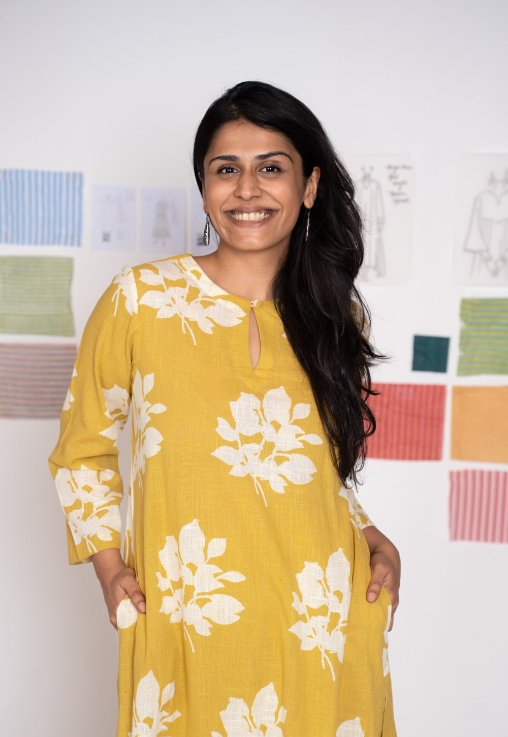 Zoohi Yellow Dabu Slub Cotton A Line Kurta