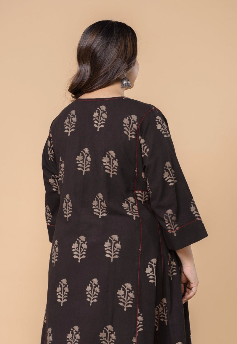 Disha Brown Dabu Slub Cotton Jhabbha Kali Kurta
