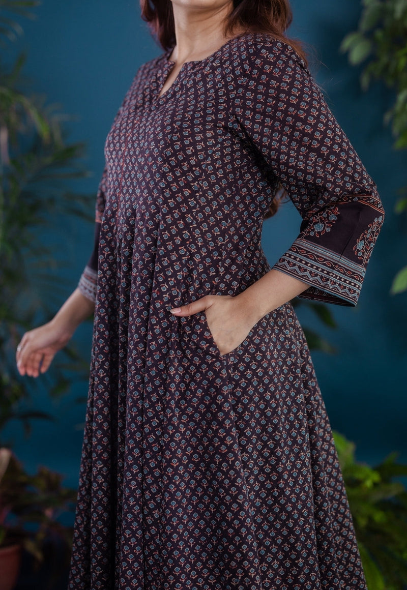 Meyara Black Ajrakh Cotton Kali Kurta with Hand Embroidery