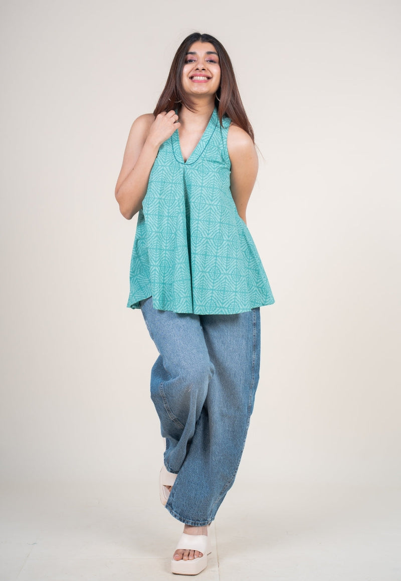 Zivya Aqua Green Printed Cotton A Line Short Top