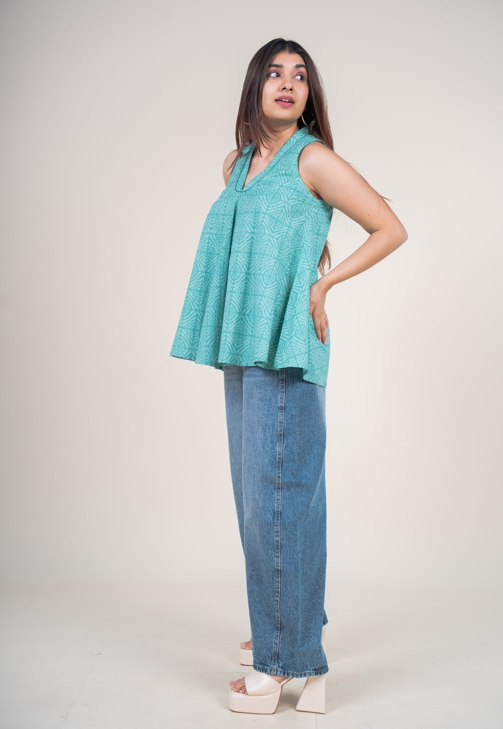 Zivya Aqua Green Printed Cotton A Line Short Top