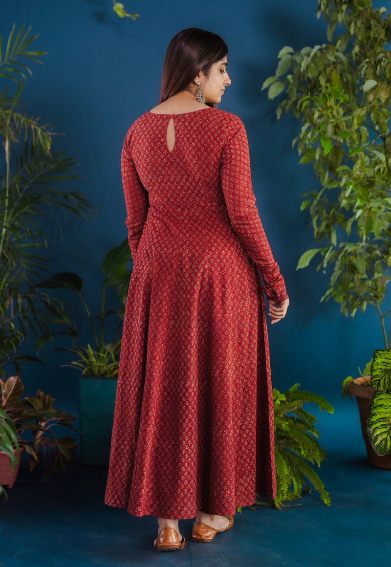 Aniha Red Ajrakh Cotton Kali Kurta