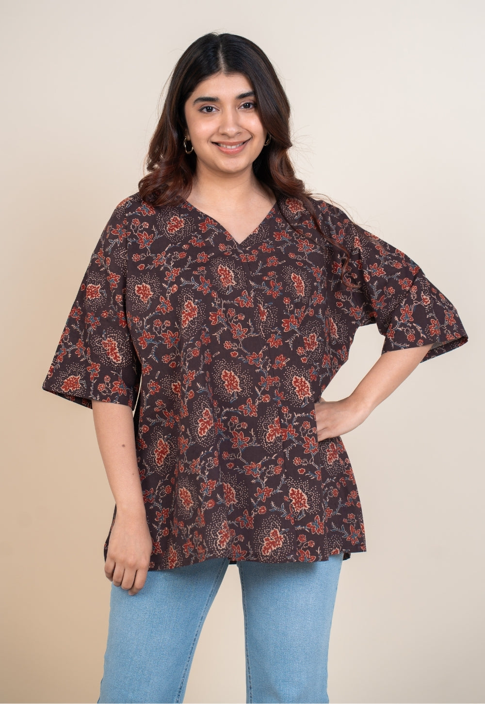Anshika Red Ajrakh Cotton Anti-Fit Short Top