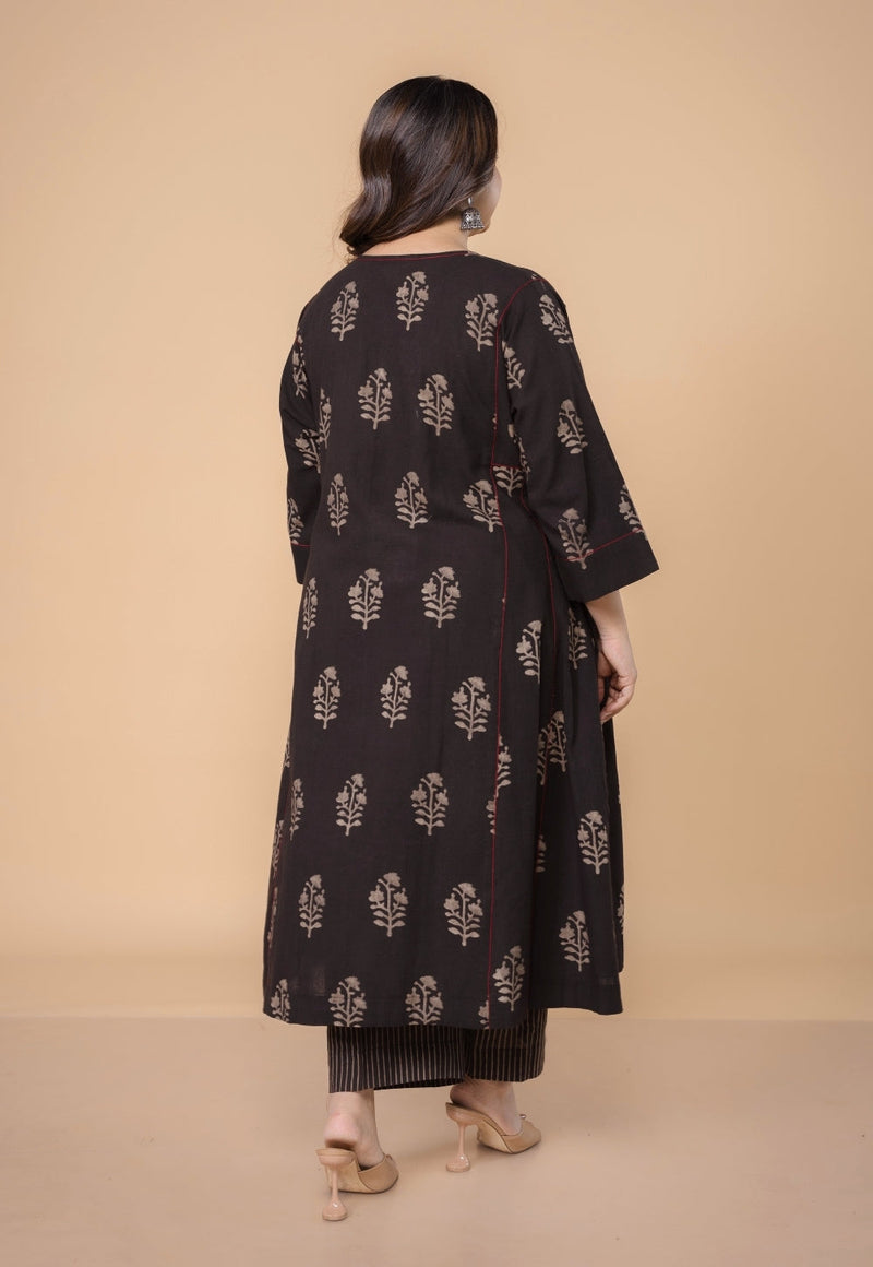 Disha Brown Dabu Slub Cotton Jhabbha Kali Kurta