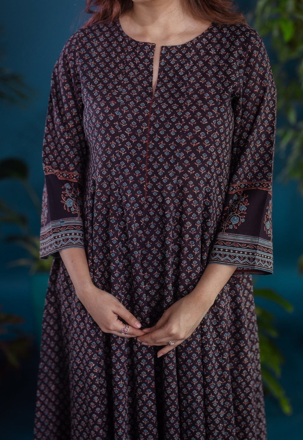 Meyara Black Ajrakh Cotton Kali Kurta with Hand Embroidery