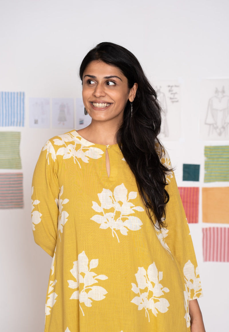 Zoohi Yellow Dabu Slub Cotton A Line Kurta