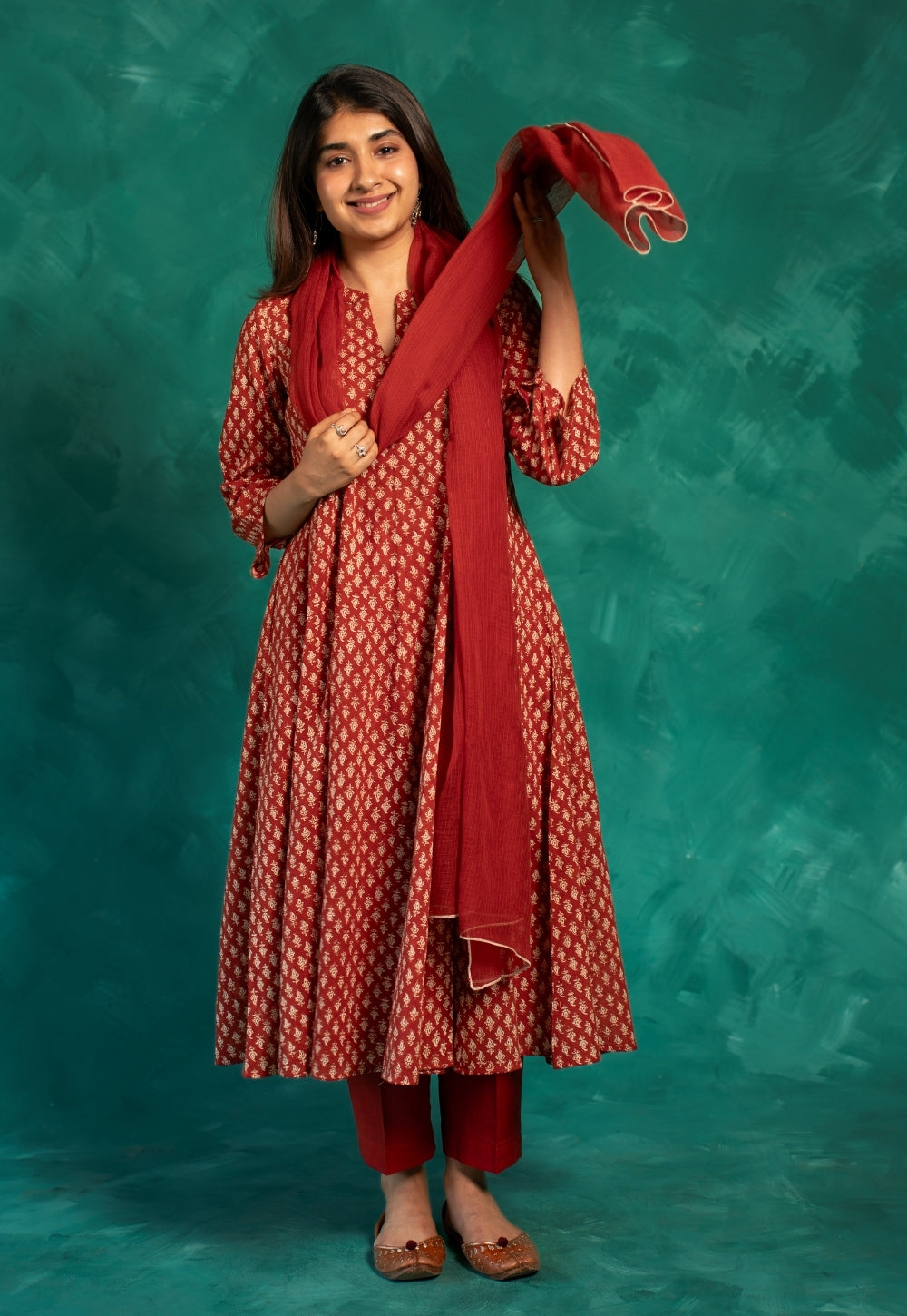 Viha Red Bagru Cotton Kali Kurta
