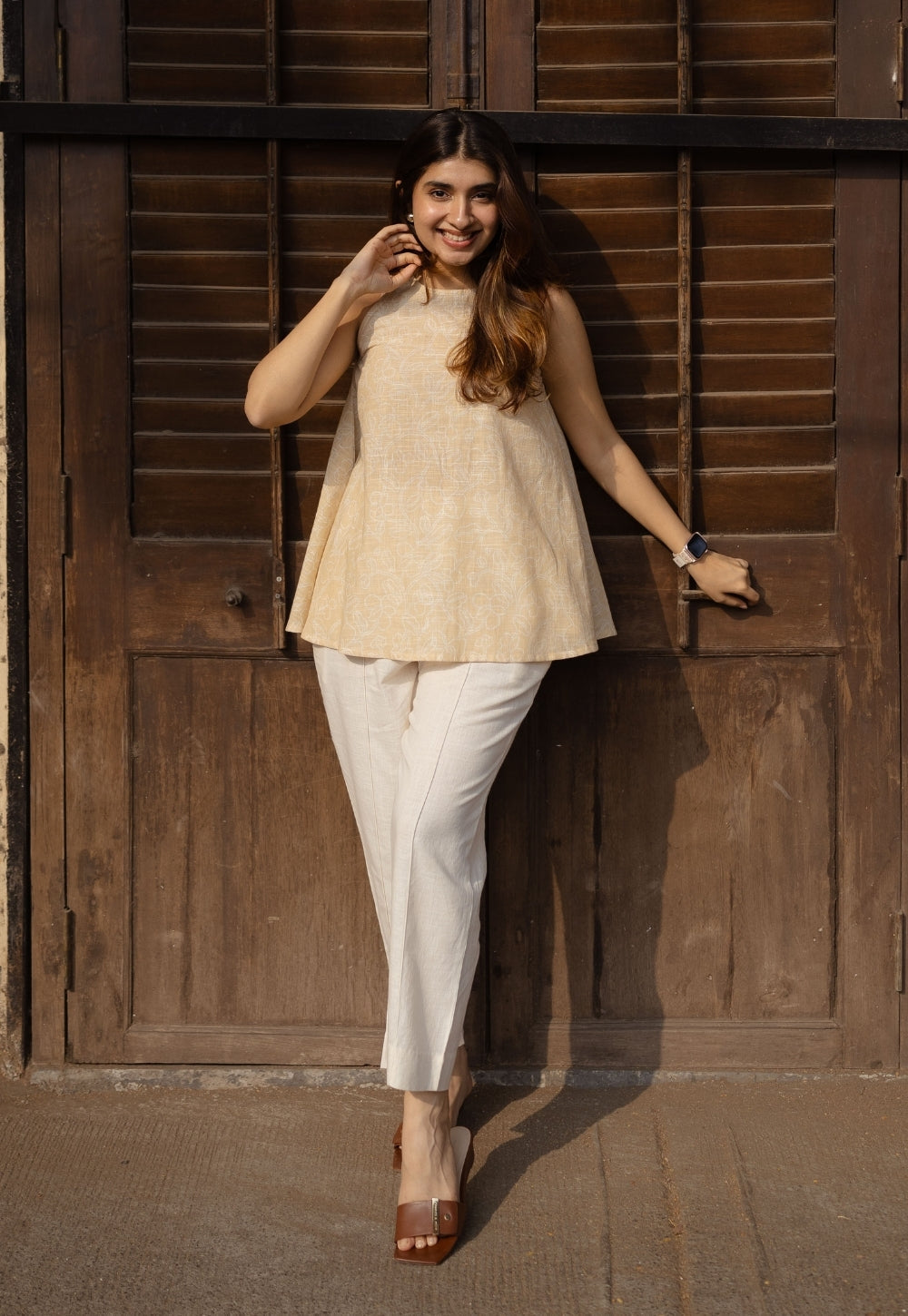 Parveen Cream Hand Block Print Slub Cotton A Line Short Top with Hand Embroidery