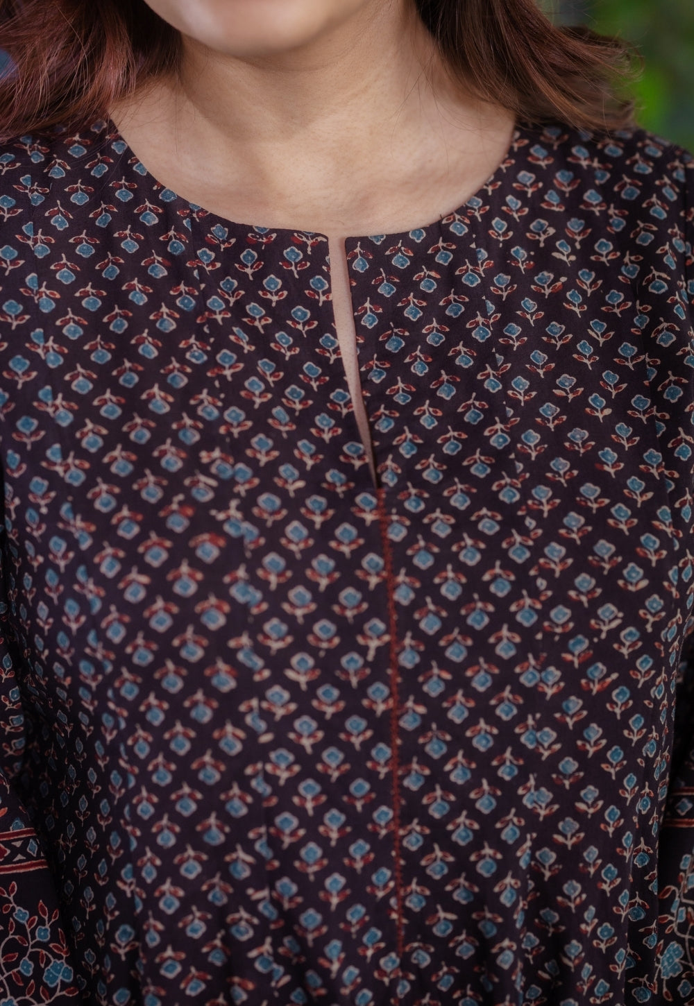 Meyara Black Ajrakh Cotton Kali Kurta with Hand Embroidery
