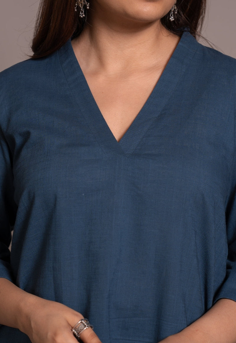Indigo Solid Slub Cotton Straight Short Top - DyeVerse