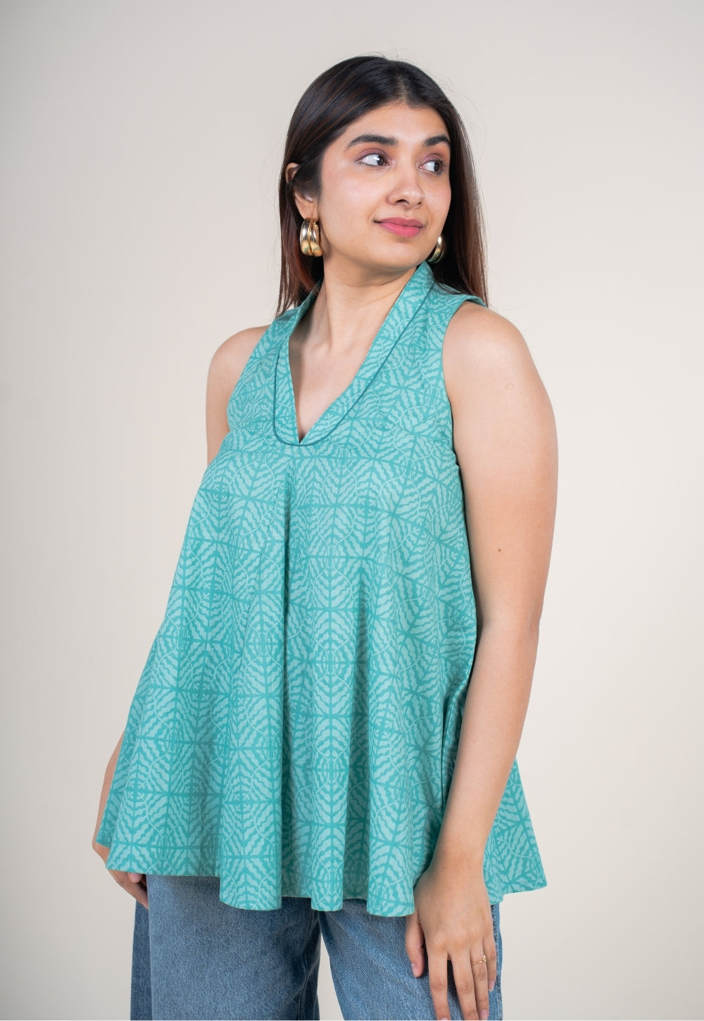 Zivya Aqua Green Printed Cotton A Line Short Top