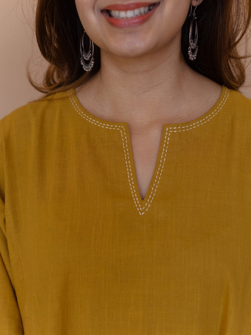 Nyra Yellow Solid Slub Cotton Jhabbha Kali Kurta with Hand Embroidery
