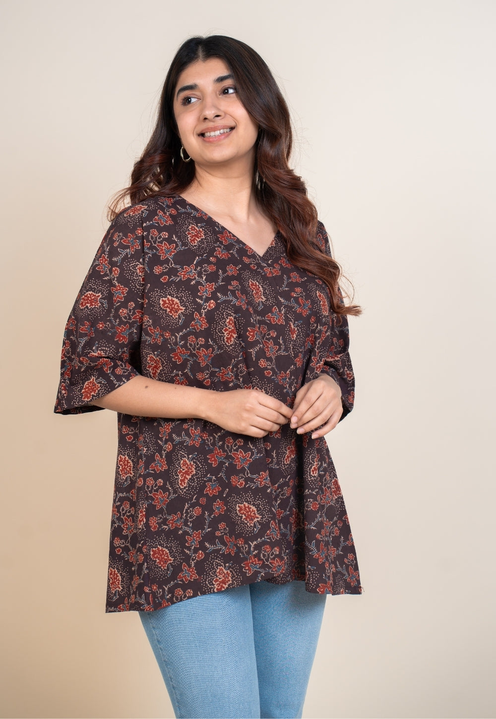 Anshika Red Ajrakh Cotton Anti-Fit Short Top