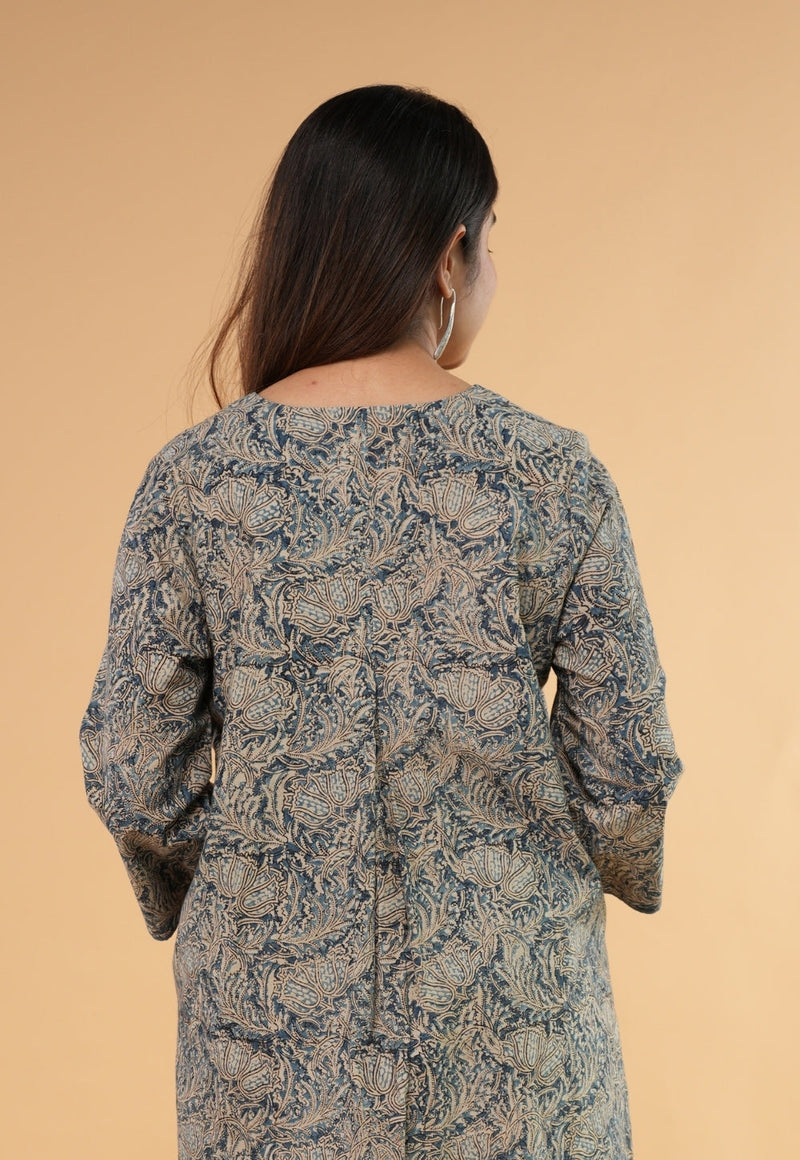 Daniya Blue Kalamkari Cotton Straight Kurta